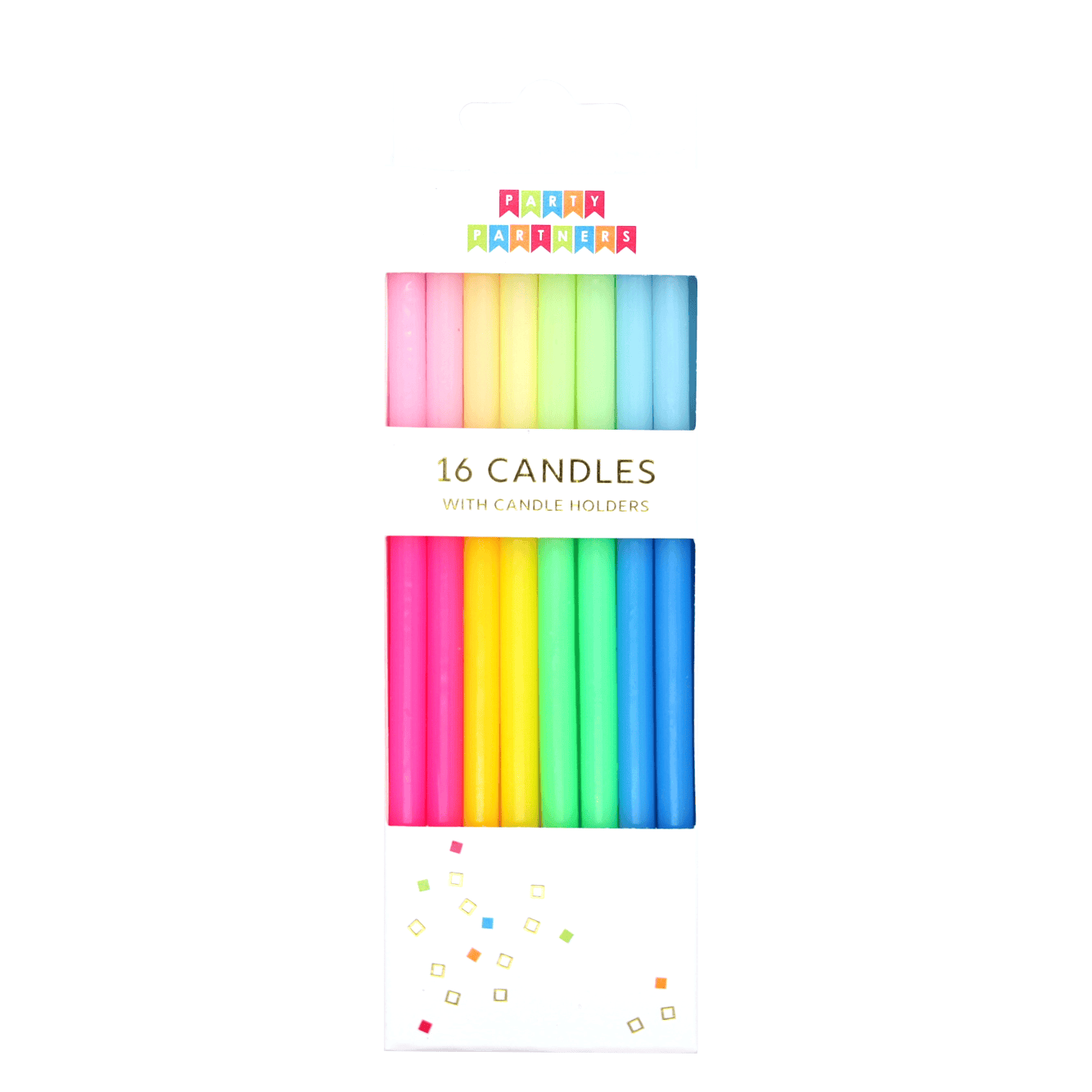 Set of 16 Party Partners Ombre candles with gradient color design, ideal for decorative candle displays.